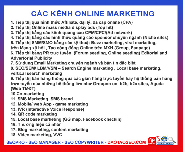 18 Kênh Online Marketing là chương trình Đào tạo của CLB SEO Việt Nam